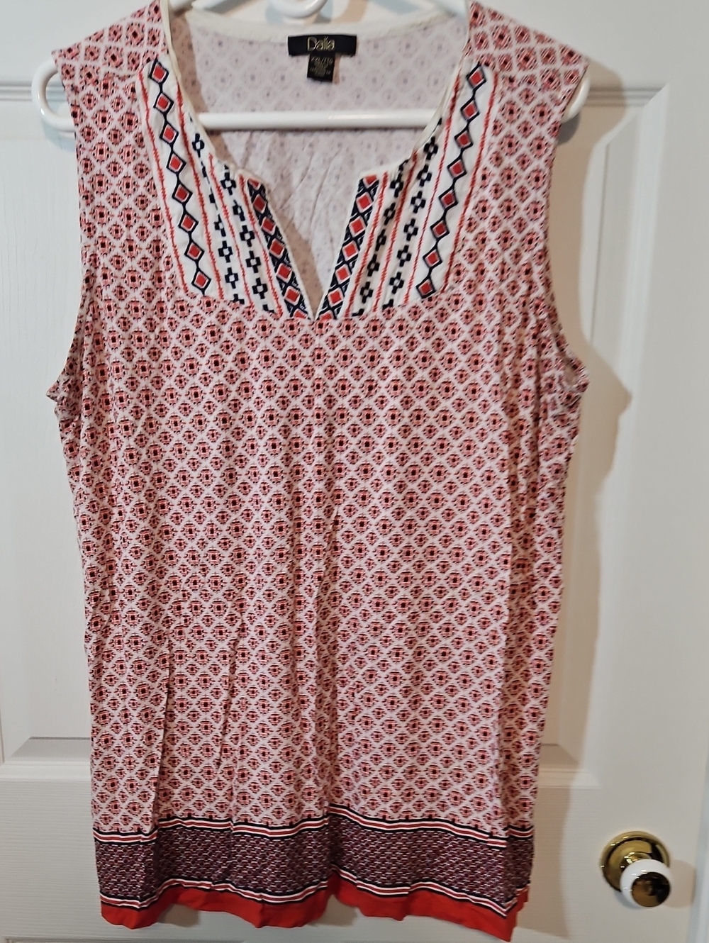 Dalia Red, Black and White Printed Sleeveless V-Neck Tank Top